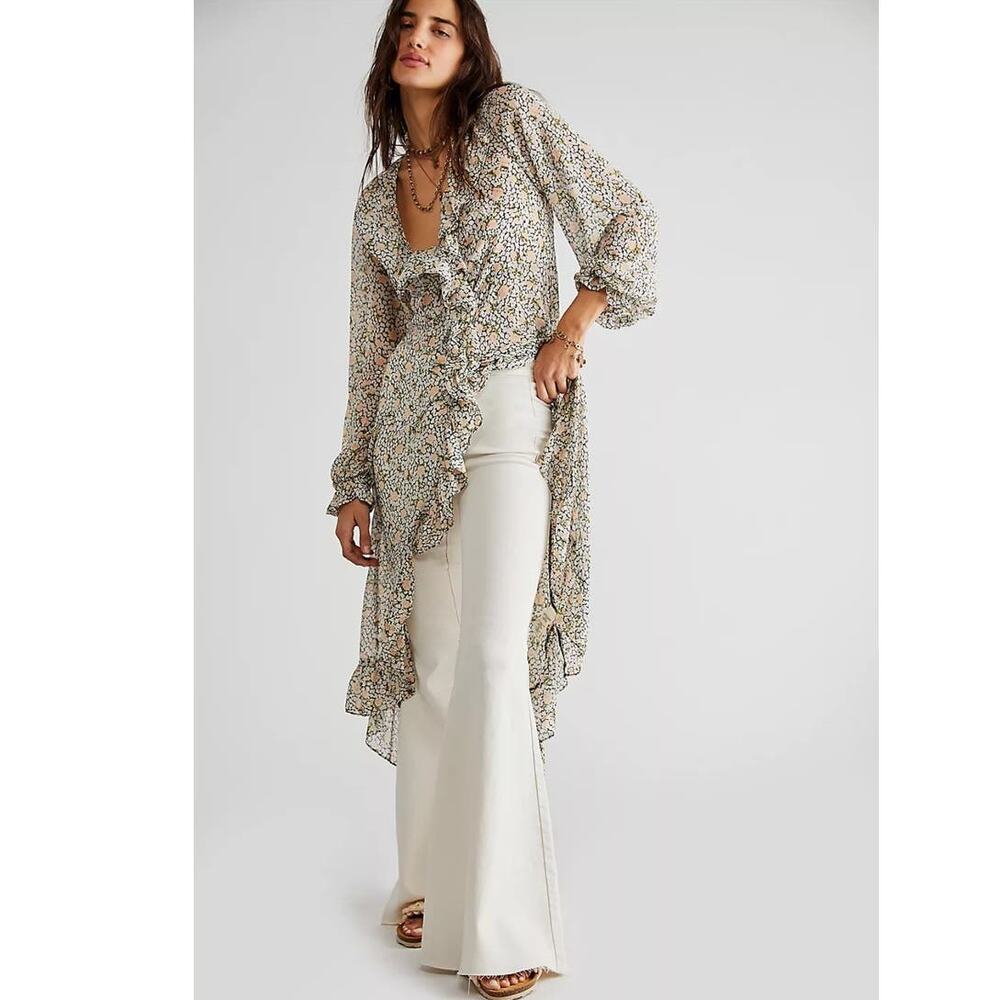 NWT Free People Gigi Semi Sheer Floral Maxi Top $198 SMALL Ivory Long Sleeve